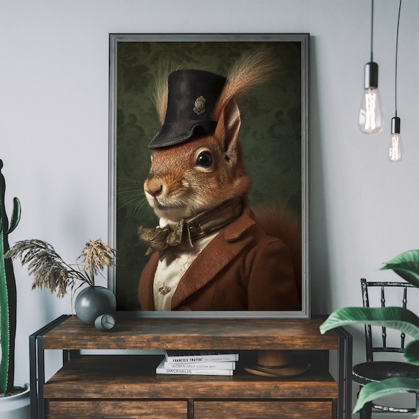 Red Squirrel Vintage Portrait, Renaissance Animal Painting, Altered Art Print, Animal Head Human Body, Cool Home Decor