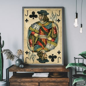 Jack of Clubs vintage speelkaart kunstprint, retro kunst aan de muur, rustiek interieur