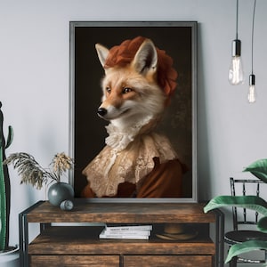Fox Vintage Portrait, Renaissance Animal Painting, Altered Art Print, Animal Head Human Body, Cool Home Decor