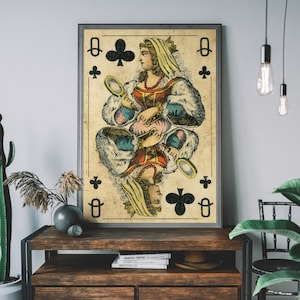 Lámina vintage de la Reina de Tréboles: arte mural retro, decoración rústica, póster para sala de juegos