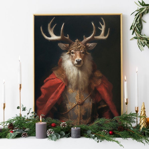Christmas Stag Vintage Portrait, Renaissance Animal Painting, Festive Wall Art, Animal Head Human Body