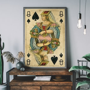Stampa di carte da gioco vintage "Regina di Picche" – Arte murale retrò, arredamento rustico, poster per sala giochi