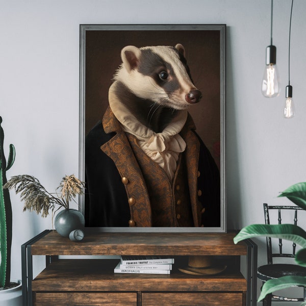 Badger Vintage Portrait, Renaissance Animal Painting, Altered Art Print, Animal Head Human Body, Cool Home Decor