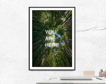 You Are Here Forest Neon Print, forest art print, neon sign poster, forest botanical art, tree art print, different wall art