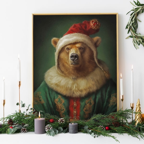 Christmas Bear Vintage Portrait, Renaissance Animal Painting, Festive Wall Art, Animal Head Human Body