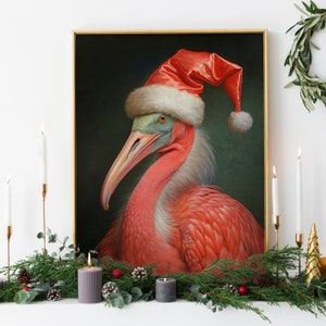 Christmas Flamingo Vintage Portrait – Renaissance Animal Painting, Festive Wall Art, Animal Head Human Body