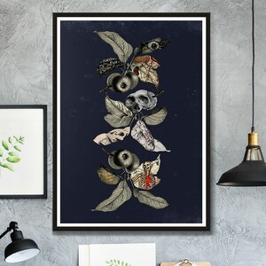 May include: A dark blue background with a vertical arrangement of stylized leaves and apples. Each apple is replaced with a different anatomical element, including a skull, a heart, and a skeleton. The text "FROM EVIL" is visible on one of the leaves.