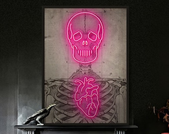 Neon Skeleton Vintage Diagram Art Print – Vintage Skeleton Print, Vintage Medical Art, Anatomical Wall Decor
