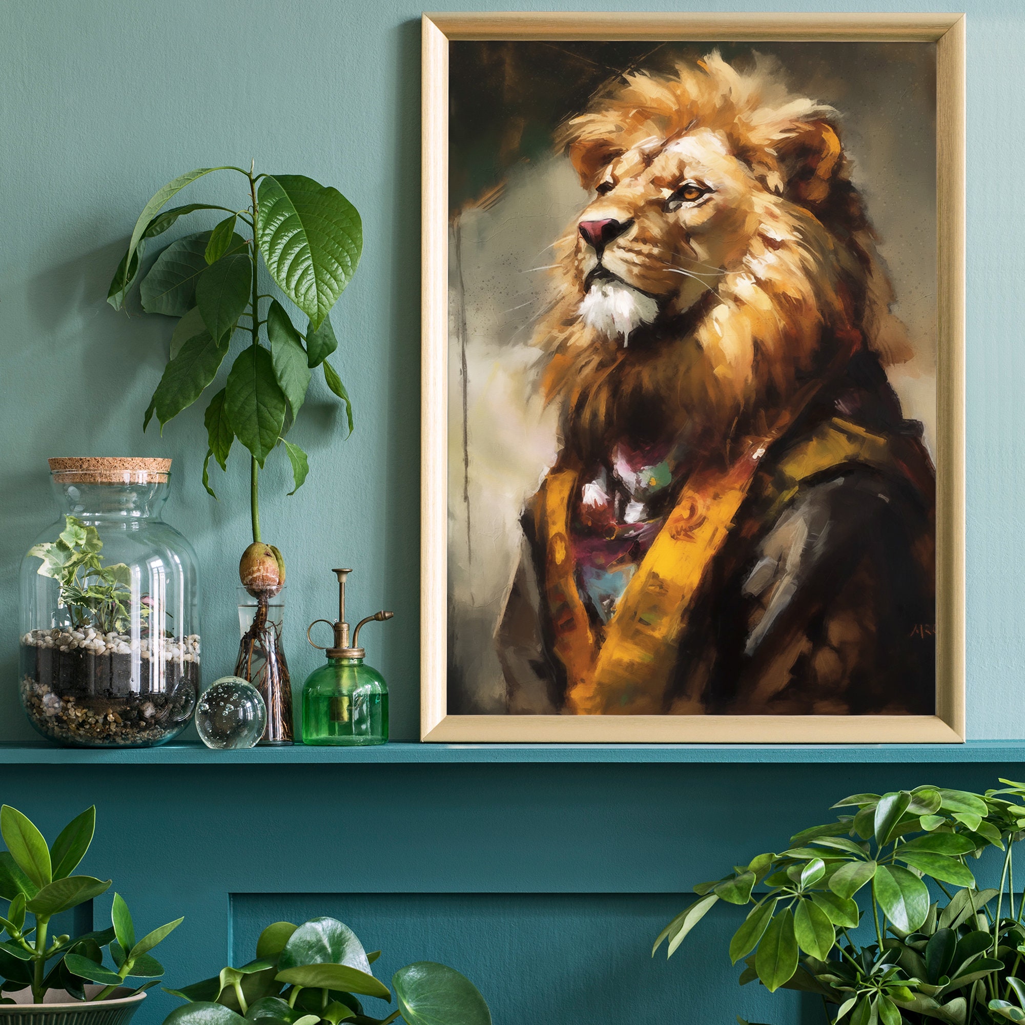 ライオンの肖像画アートプリント – ルネッサンス動物画、威厳ある動物