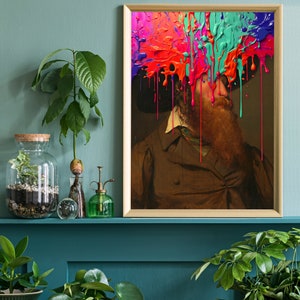 Puede incluir: Un retrato vintage de un hombre con una larga barba, pintado en un estilo tradicional. El retrato est&aacute; cubierto de salpicaduras de pintura de colores, creando un efecto moderno y abstracto.