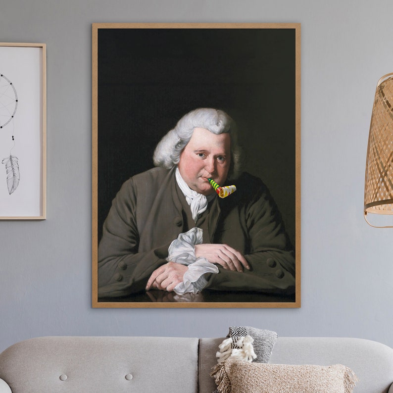 May include: A painting of a man in a brown jacket and white shirt, holding a green and yellow party blower in his mouth. The man has white hair and a serious expression on his face.