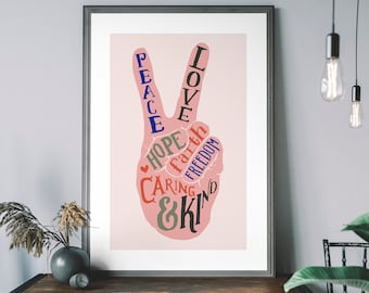 Peace Sign Art Print, Peace And Love, Inspirational Wall Art, Minimalist Bohemian Decor,Peace Symbol, World Peace Sign, Be kind