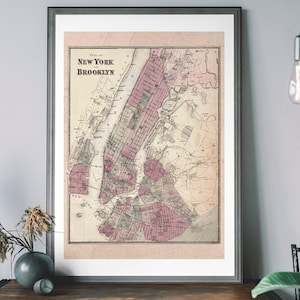 Vintage New York Map - NYC Map, antikes Reiseplakat, Brooklyn Map Poster