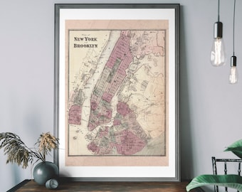 Vintage New York Map – NYC Map, Antique Travel Poster, Brooklyn Map Poster