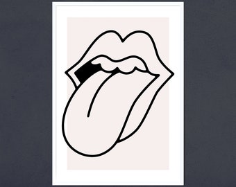 Lips art print, Minimalist bohemian decor, kiss wall art, rock and roll print