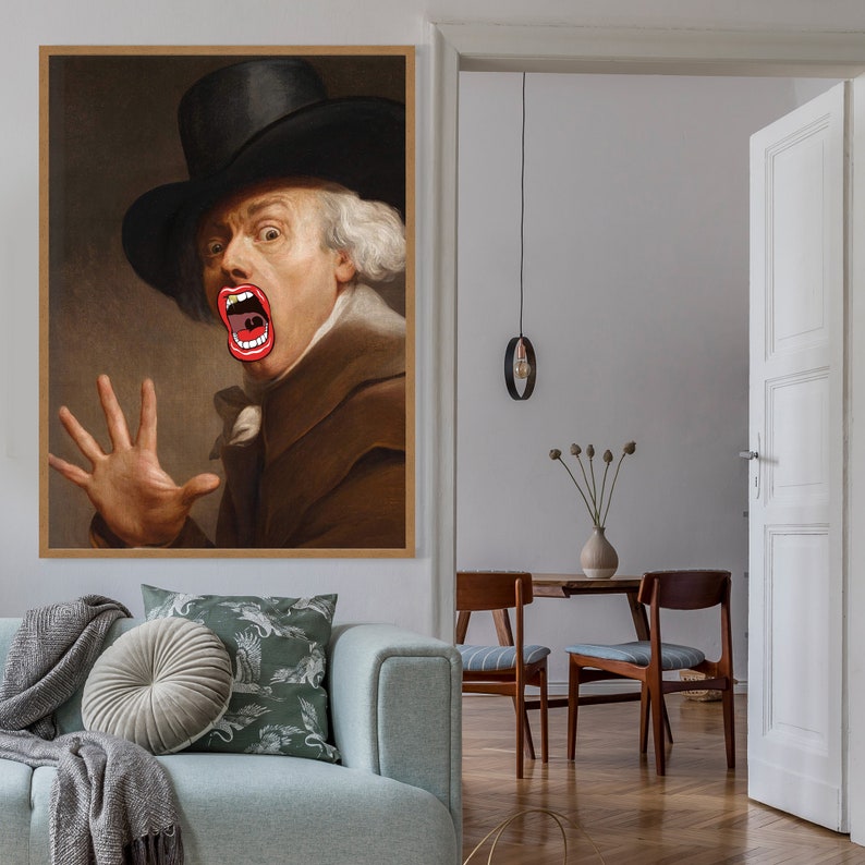 May include: A vintage portrait of a man wearing a black hat and a brown coat, with a large, open mouth and red lips.