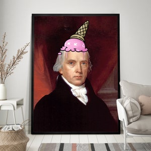 May include: A portrait of a man with a pink ice cream cone on his head. The man is wearing a black suit and a white shirt. The background is a red and gold color.