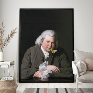 May include: A portrait painting of a man with white hair and a gray jacket. He is holding a party favor in his mouth. The background is dark.