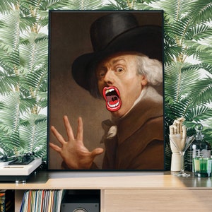 May include: A painting of a man in a black top hat and brown coat with a large, open mouth and red lips. The man is looking to the right and has a surprised expression on his face.