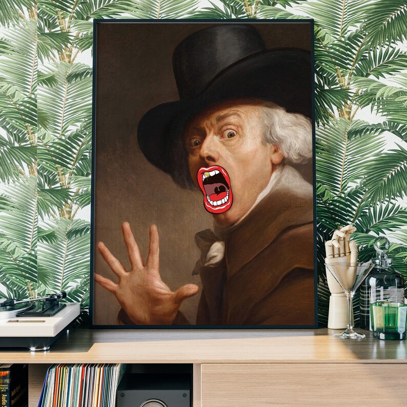 May include: A painting of a man in a black top hat and brown coat with a large, open mouth and red lips. The man is looking to the right and has a surprised expression on his face.