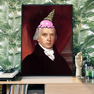 May include: A portrait of a man with a pink ice cream cone on his head. The man is wearing a black suit and a white cravat. The background is a red and gold color.