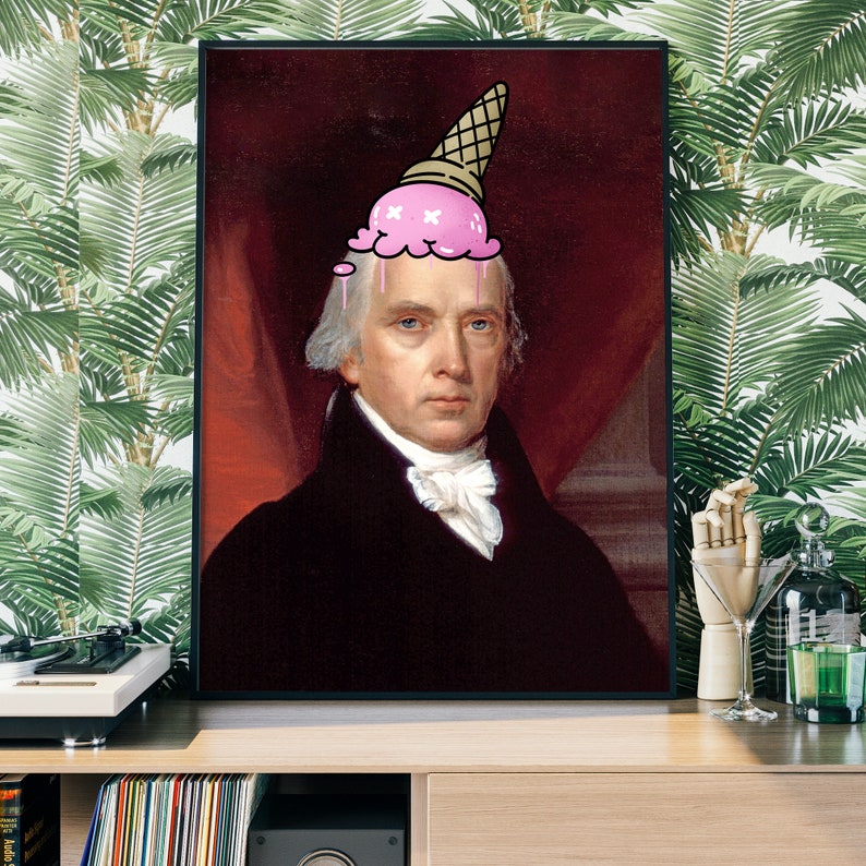 May include: A portrait of a man with a pink ice cream cone on his head. The man is wearing a black suit and a white cravat. The background is a red and gold color.