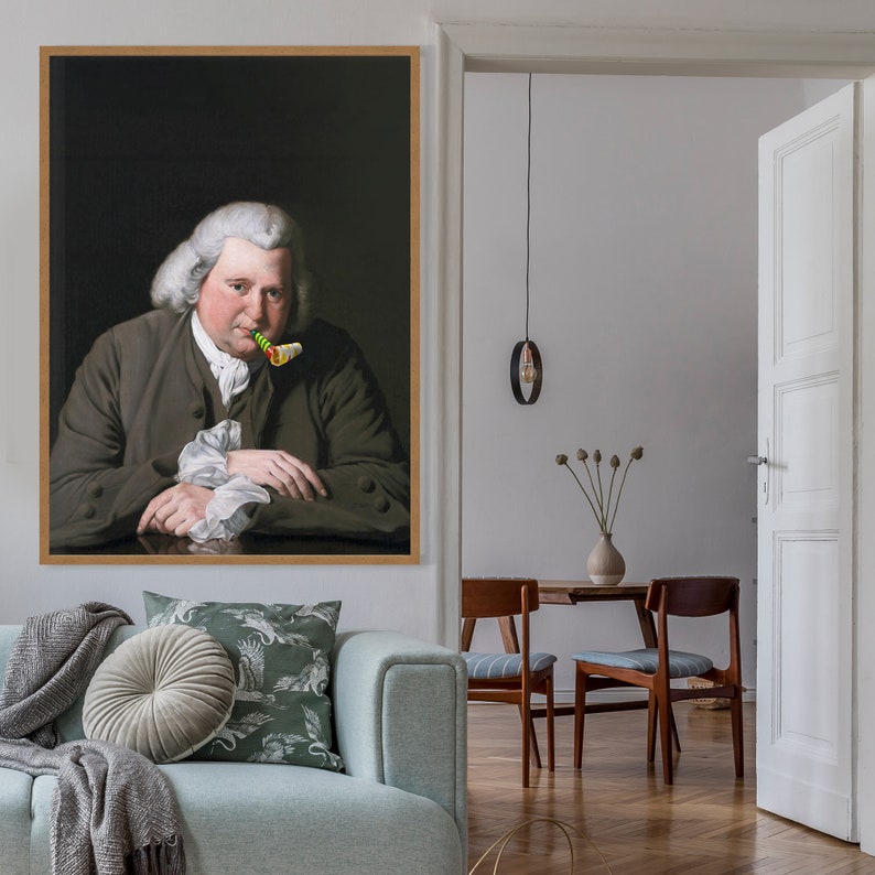 May include: A painting of a man in a brown coat with a green and yellow party blower in his mouth. The man is sitting at a table with his arms crossed.