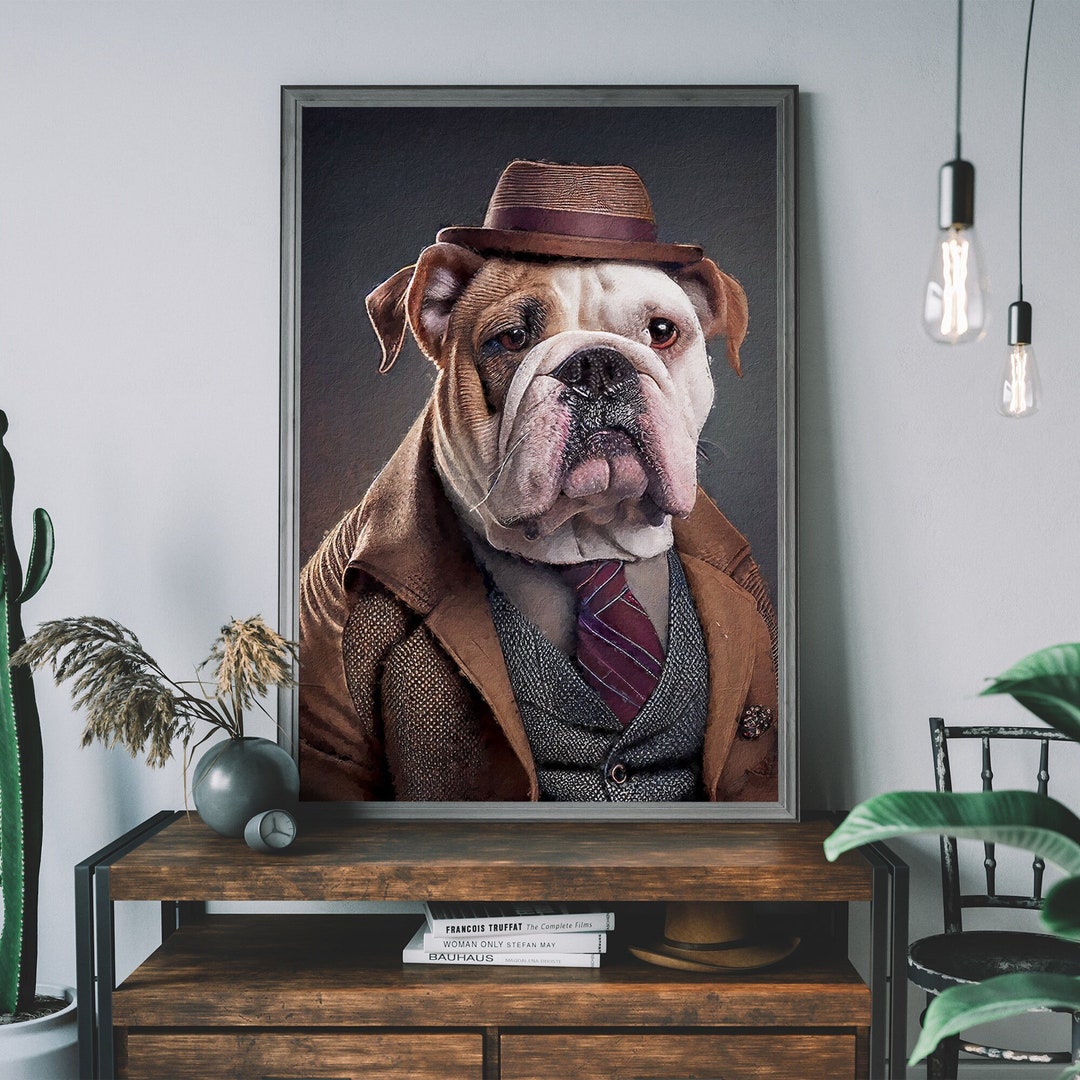 English Bulldog Portrait – Dog in Clothes, Altered Animal Art