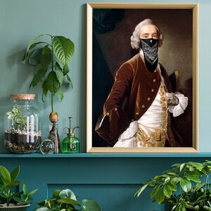 May include: A painting of a man wearing a brown jacket and a black bandana with a white pattern. He is standing in a room with a gold frame around the painting.
