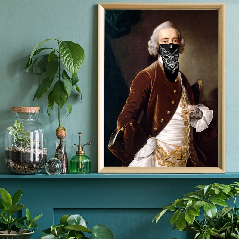 May include: A painting of a man wearing a brown jacket and a black bandana with a white pattern. He is standing in a room with a gold frame around the painting.
