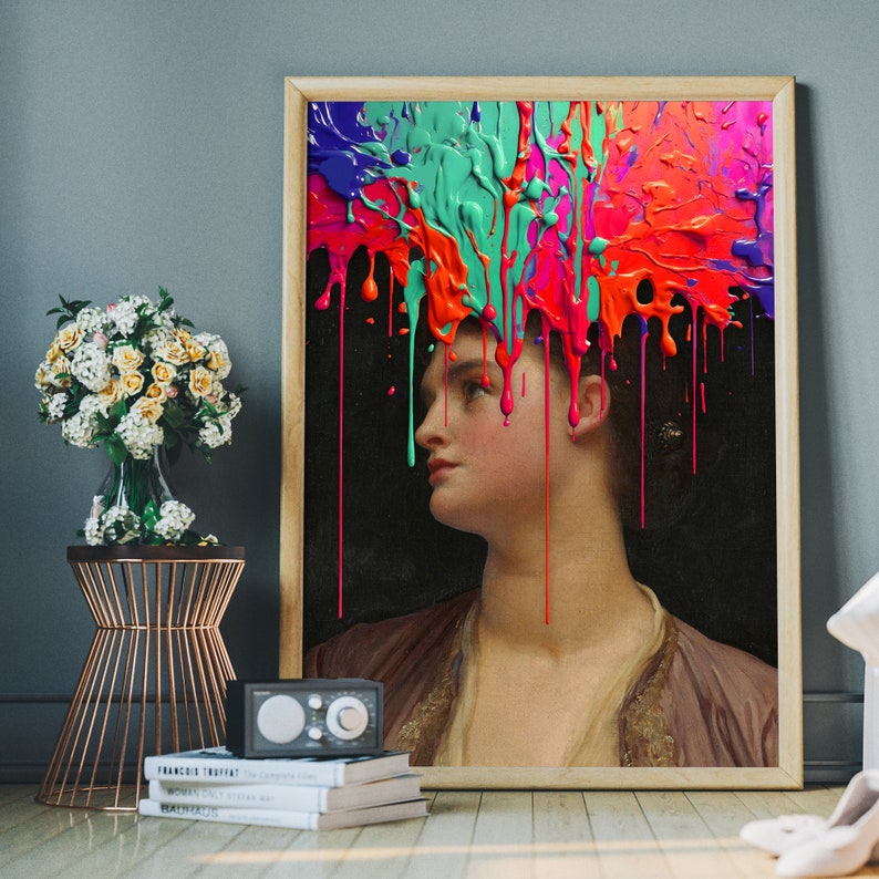 May include: A portrait of a woman with colorful paint dripping over her head. The paint is in shades of red, green, blue, and pink. The woman is wearing a brown dress with a lace collar.