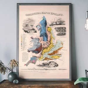 Geologische Karte von England, Vintage Landkarte Großbritannien, Historisches UK Karte, Antikes Reiseplakat