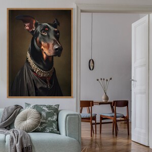 May include: A black and brown Doberman Pinscher dog wearing a silver and gold chain necklace and a black velvet cape. The dog is looking to the right of the frame. The background is a dark brown.