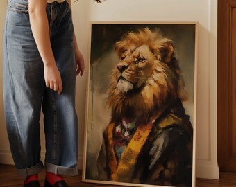 ライオンの肖像画アートプリント – ルネッサンス動物画、威厳ある動物