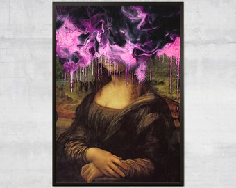 Puede incluir: Una impresión de arte digital de la Mona Lisa con pintura rosa y negra goteando sobre su cabeza.