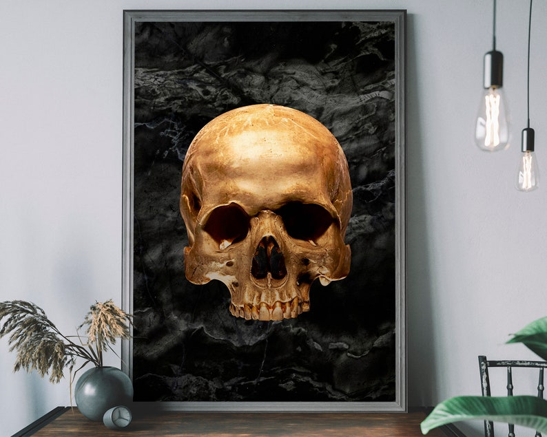 Gothic Skull Print, Eclectic Gold skull decor, Skeleton Wall Art, Boho Home Decor image 1