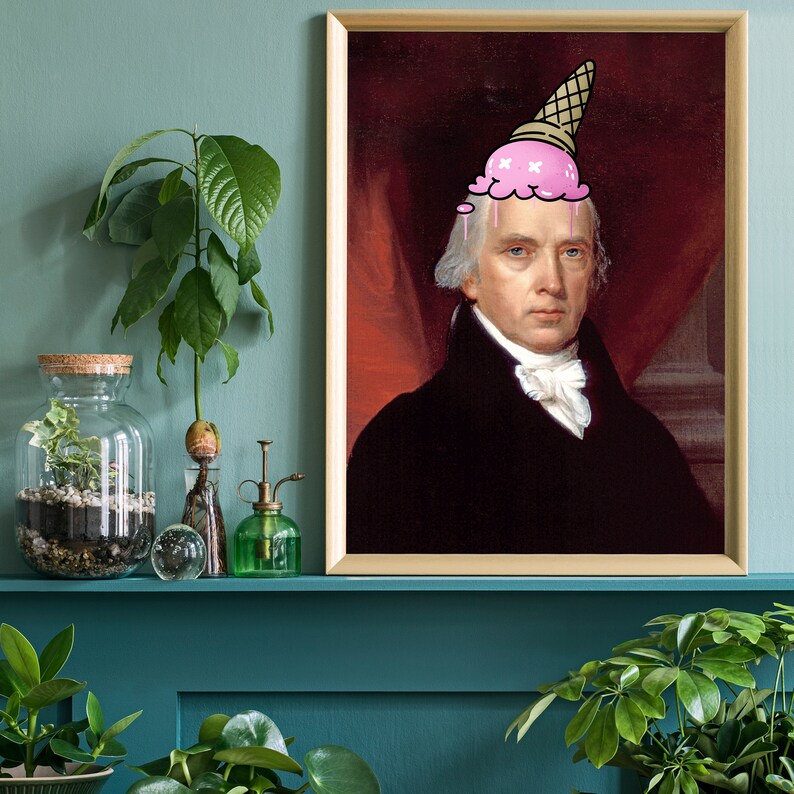 May include: A framed portrait of a man with a pink ice cream cone on his head. The man is wearing a black suit and a white shirt with a white collar. The background is a red and gold color.