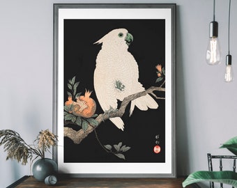 Japanese Bird Art Print, Cockatoo Parrot Illustration, Oriental Vintage Bird Decor, Antique Botanical