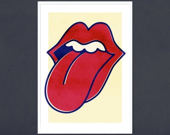 Red lips art print, Minimalist bohemian decor, kiss wall art, rock and roll print