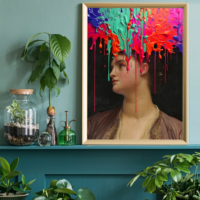 May include: A painting of a woman with colorful paint dripping over her head. The paint is in shades of pink, green, and blue. The woman is wearing a brown dress and has a serious expression on her face.