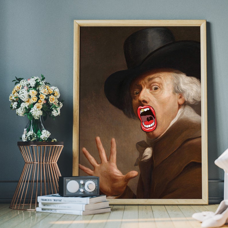 May include: A framed portrait of a man wearing a black top hat and a brown coat. He is shouting with his mouth open and his tongue sticking out. The background is a dark brown color.