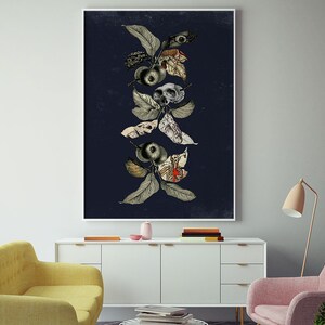 May include: A dark blue background with a vertical arrangement of stylized leaves, apples, and skulls. The leaves are a muted green and brown, the apples are black, and the skulls are white with black eyes.