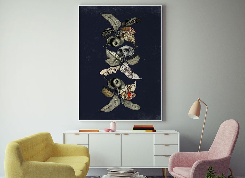May include: A dark blue background with a vertical arrangement of stylized leaves, apples, and skulls. The leaves are a muted green and brown, the apples are black, and the skulls are white with black eyes.