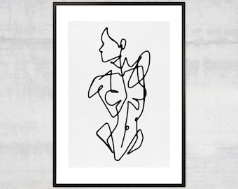 May include: A black and white line drawing of a person's torso. The drawing is minimalist and abstract, with the lines creating a sense of movement and fluidity.
