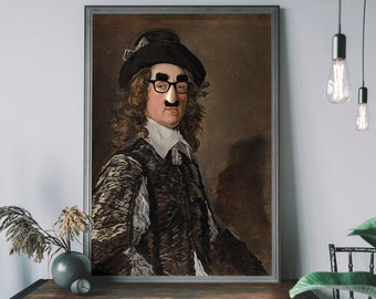 May include: A painting of a man wearing a black hat, glasses, and a fake nose. He is wearing a brown and gold patterned jacket and a white shirt with a lace collar.