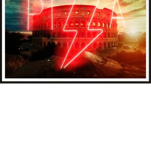 May include: A neon sign spelling "PIZZA" in red with a lightning bolt in the middle, in front of the Colosseum in Rome, Italy.