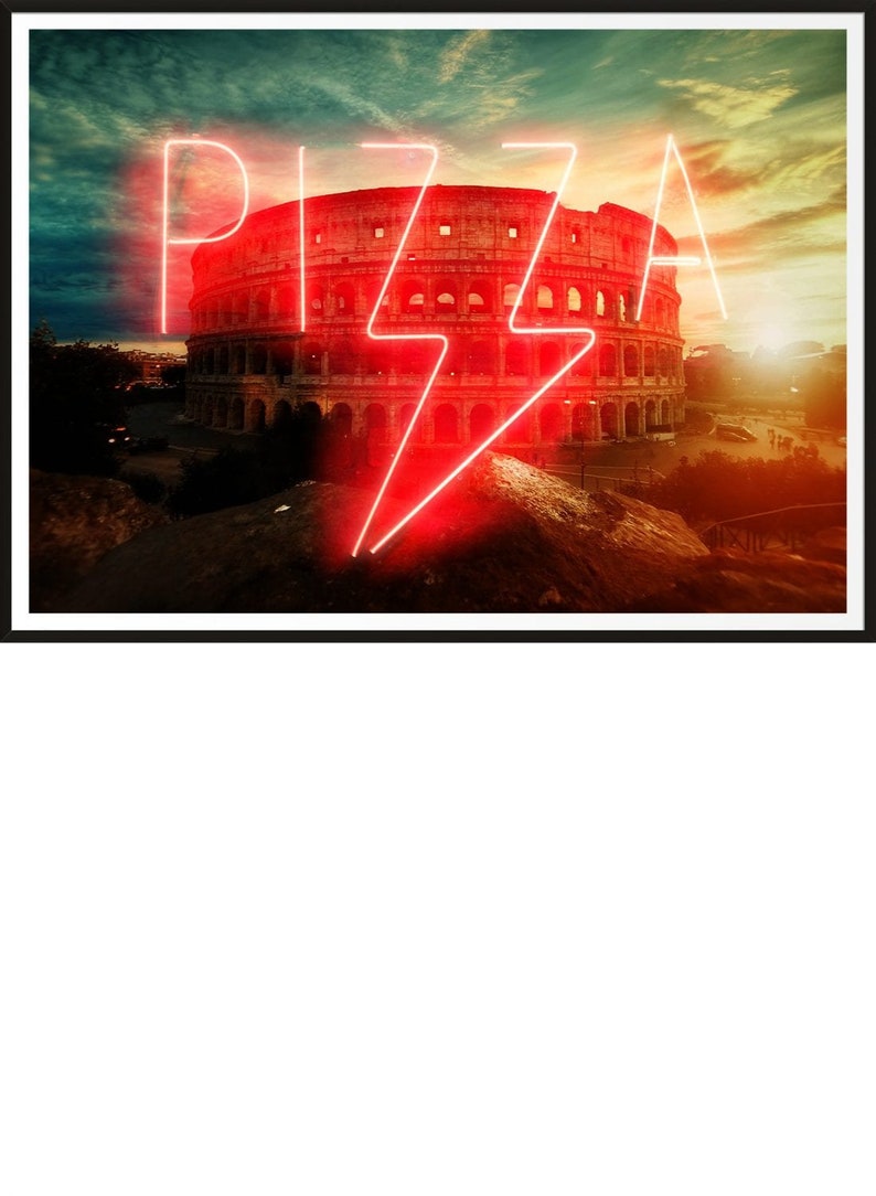 May include: A neon sign spelling "PIZZA" in red with a lightning bolt in the middle, in front of the Colosseum in Rome, Italy.