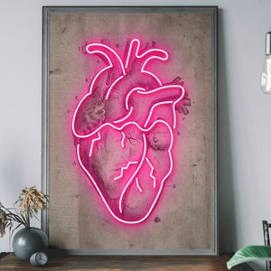 Impression d'art diagramme néon coeur - illustration vintage coeur, affiche coeur rose, art mural médical