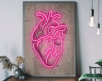 Neon Heart Diagram Art Print , Vintage Heart Illustration, Pink Heart Poster, Medical Wall Art