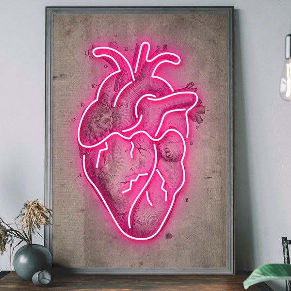 Neon Heart Diagram Art Print – Vintage Heart Illustration, Pink Heart Poster, Medical Wall Art